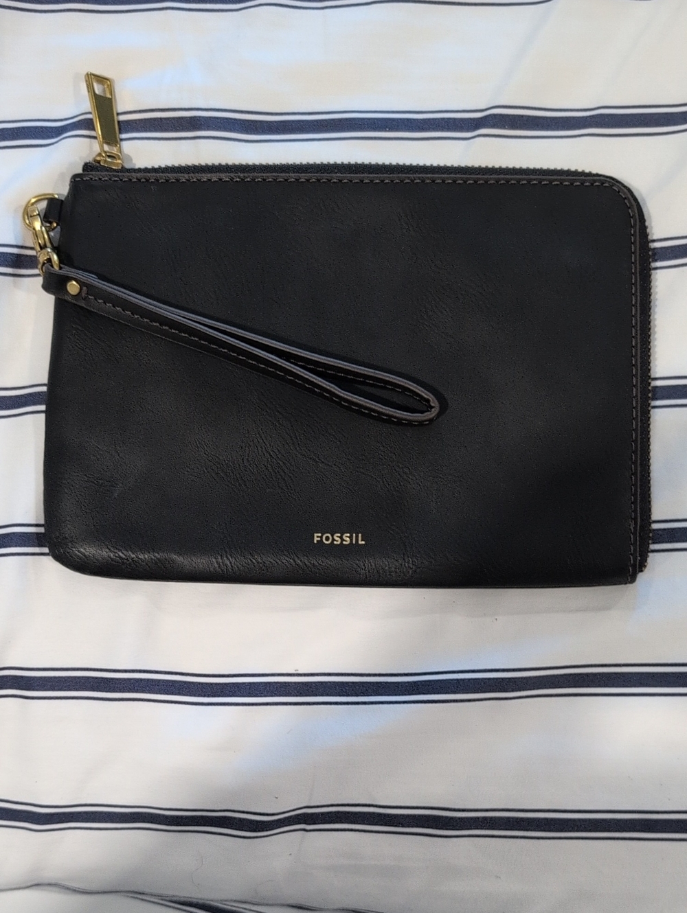 Fossil Black Leather Wristlet with Gold Hardware
